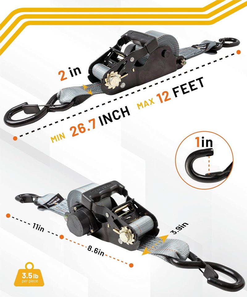Strapinno Retractable Ratchet Tie-Down Straps,5,000 lbs Breaking Strength- 2 in x 12 ft Heavy Duty Ratchet Strap with Safety Lock S Hooks for Motorcycles, ATVs, UTVs, Lawn Equipment & Cargo (Gray) - Image 3